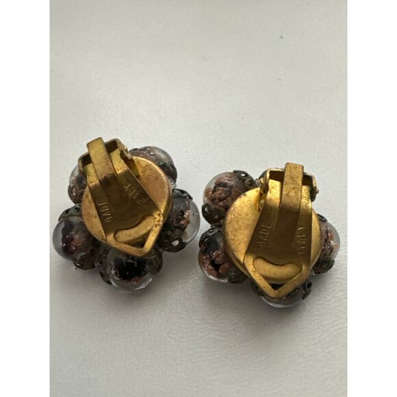 Vintage glass bead cluster clip earrings, brown marked made in Italy - Picture 10 of 12